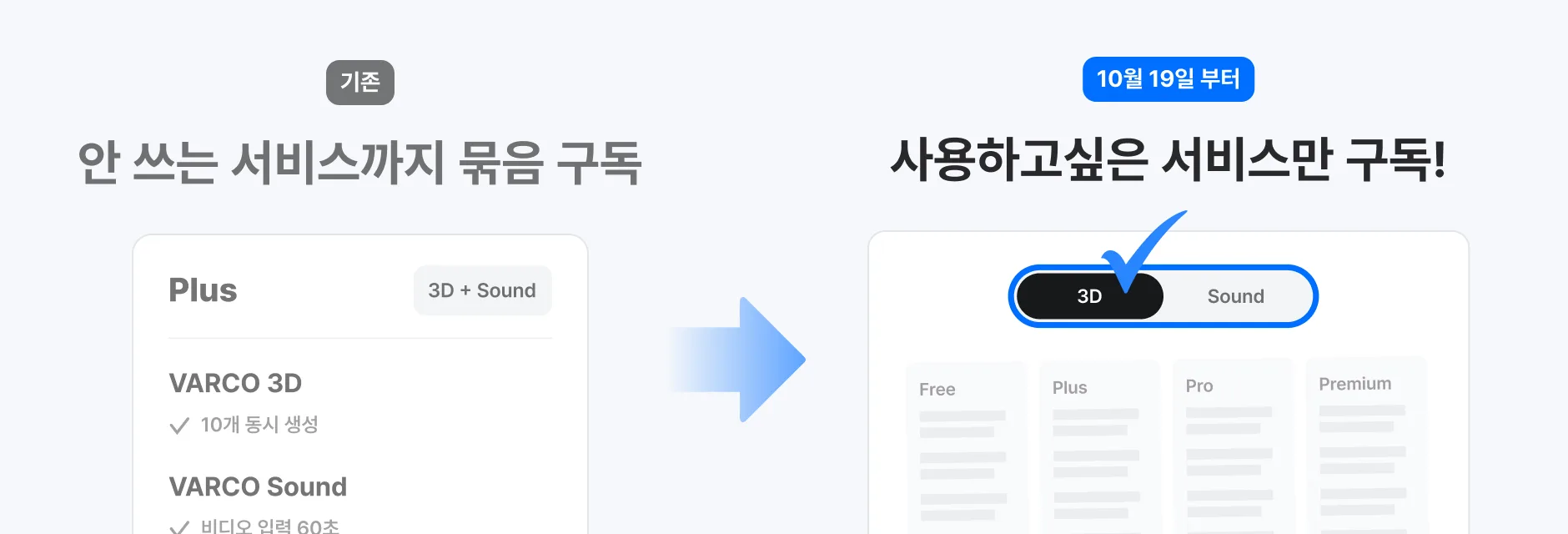 묶음 상품 하나를 고르던 화면이 VARCO 3D와 VARCO Sound를 각각 고르는 화면으로 바뀝니다