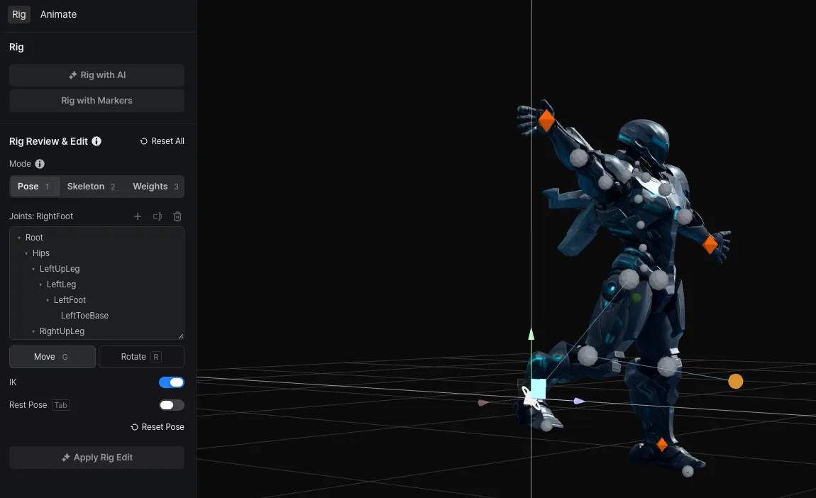 손 관절을 움직여 팔꿈치와 어깨 변형을 확인하는 Rig Editor 포즈 모드