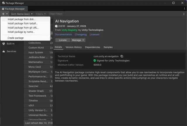 Choose Install package from disk in Unity Package Manager