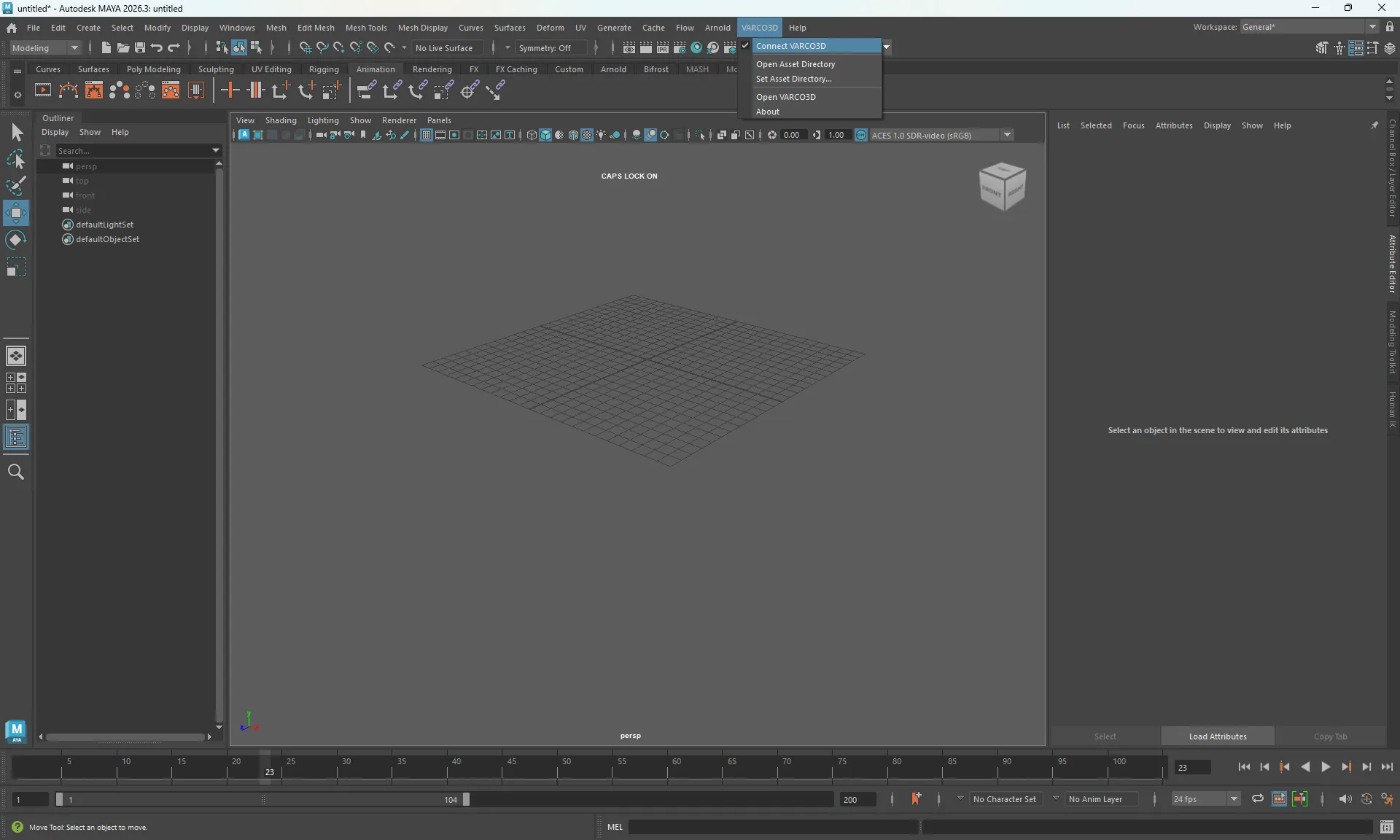 Maya의 VARCO3D > Connect VARCO3D 메뉴
