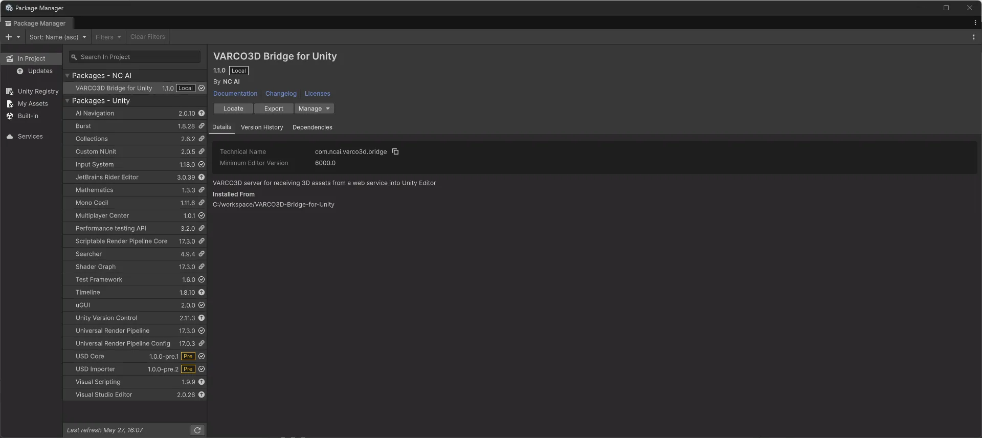 Confirm the plugin appears in Package Manager