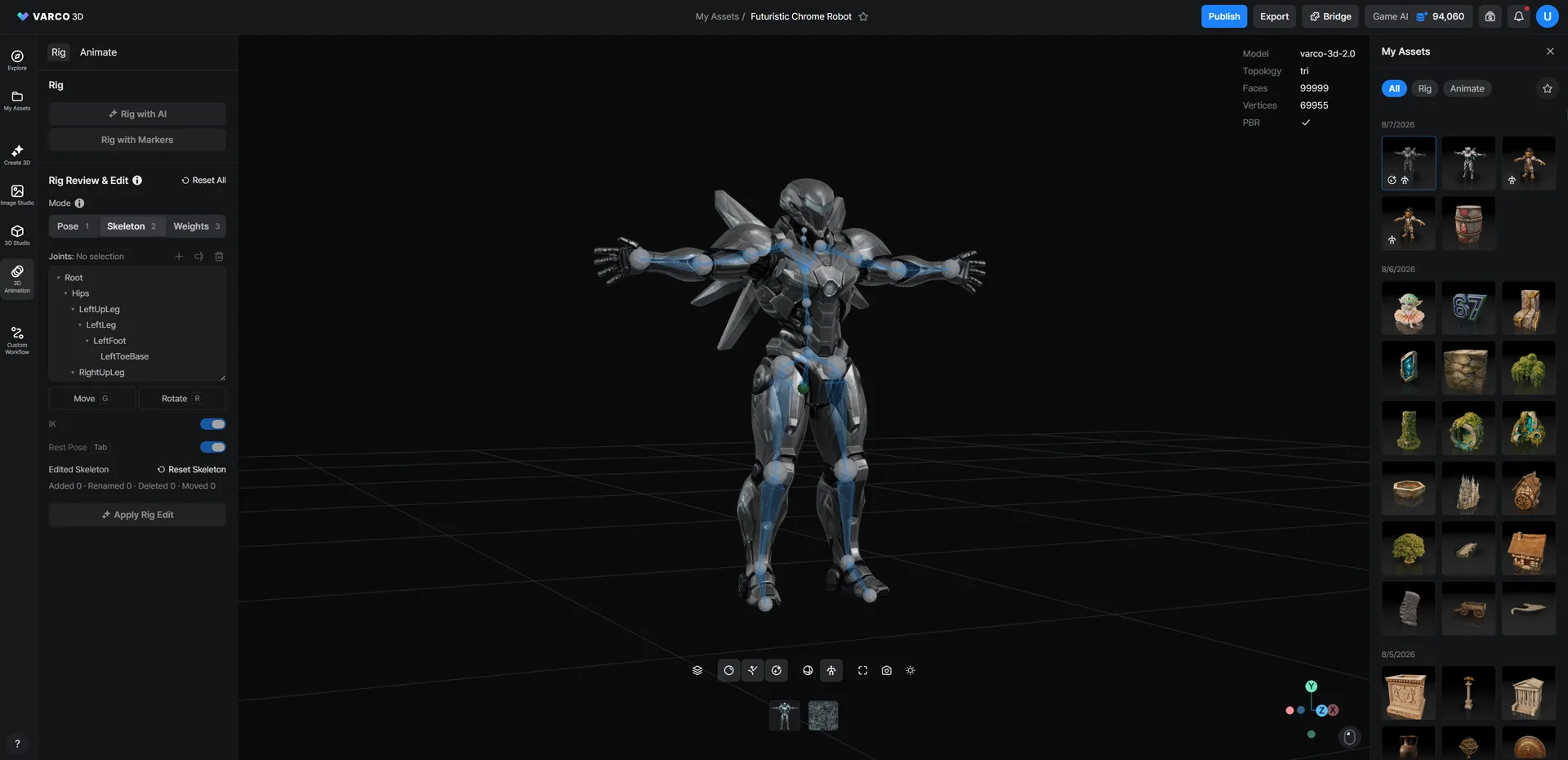 AI 리깅 에셋과 포즈, 스켈레톤, 웨이트 모드가 표시된 VARCO 3D Rig Editor
